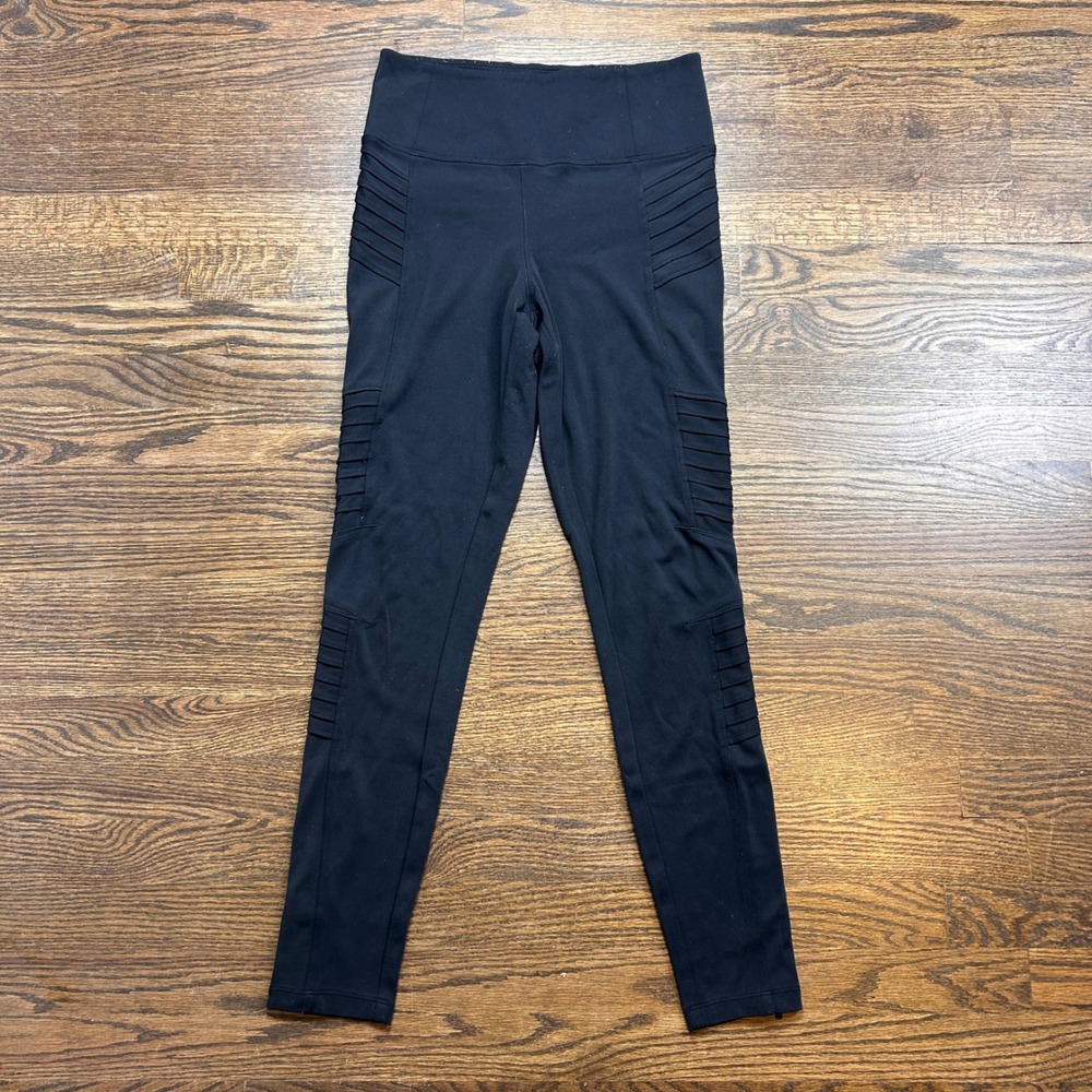 Athleta Delancey Moto Tight Leggings Black High Rise Small Petite SP Ribbed Edge